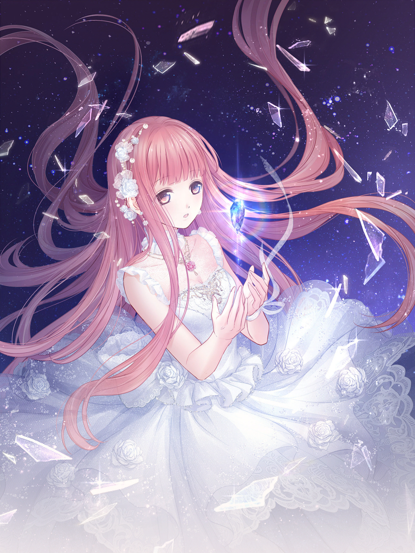 1girl absurdly_long_hair artist_request bare_arms bare_shoulders beads blunt_bangs breasts brown_eyes cleavage covered_collarbone cowboy_shot crystal dot_nose dress dress_flower floating floating_clothes floating_hair flower game_cg glass_shards glowing_gem gown hair_beads hair_flower hair_ornament highres lace lace-trimmed_dress lace_trim light_blush light_particles long_dress long_hair looking_at_object miracle_nikki nikki_(nikki) nikki_(series) object_floating_above_hand official_art parted_lips pink_hair ribbon see-through_clothes see-through_dress sleeveless sleeveless_dress solo space third-party_source treasure_from_time_(miracle_nikki) very_long_hair wavy_hair white_dress white_flower white_ribbon wrist_ribbon