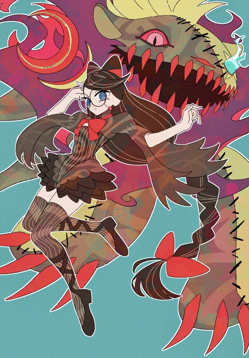 1girl bayonetta_(series) bayonetta_origins:_cereza_and_the_lost_demon black_dress black_hair black_shoes black_thighhighs blue_background blue_eyes blue_fire bow bowtie braid breasts cereza cheshire_(demon)_(bayonetta) claws colored_sclera dress fire full_body glasses glowing glowing_eye hands_up hashtag-only_commentary highres long_hair looking_at_viewer low-tied_long_hair monster open_mouth red_bow red_eyes red_sclera rii_(mrhc7482) ringed_eyes round_eyewear sharp_teeth shoes short_dress simple_background single_braid small_breasts smile stitched_face stitched_leg stitches striped_clothes striped_thighhighs swept_bangs teeth thighhighs vertical-striped_clothes vertical-striped_thighhighs zettai_ryouiki