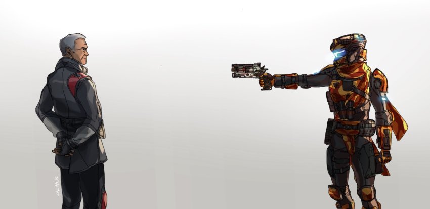 2boys animification armor arms_behind_back assault_visor b3_wingman black_bodysuit black_gloves black_jacket black_pants bodysuit elias_marder fingerless_gloves gloves glowing gradient_background grapple_pilot_(titanfall_2) grey_hair gun hair_behind_ear handgun helmet highres holding holding_gun holding_weapon jacket kotone_a male_focus multiple_boys orange_armor pants pilot_(titanfall_2) shoulder_armor smile titanfall_(series) titanfall_2 weapon