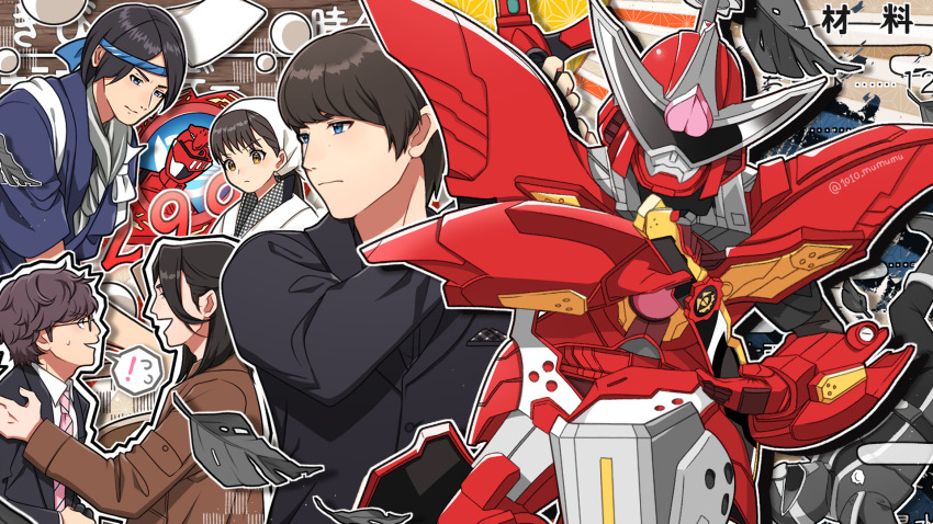 1010_mumumu 1girl 4boys avataro_sentai_donbrothers black_hair black_suit blue_eyes brown_coat brown_eyes brown_hair coat donmomotarou formal_clothes glasses headband highres inuzuka_tsubasa japanese_clothes kijino_tsuyoshi kimono kito_haruka leaf messy_hair multiple_boys necktie pink_necktie pocket_square saruhara_shinichi suit super_sentai tasuki