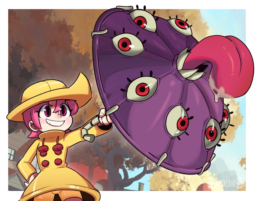 1girl autumn autumn_leaves axoluk blush_stickers border drooling grin hand_on_own_hip hat holding holding_umbrella hungern_(skullgirls) leaf pink_eyes pink_hair raincoat red_eyes short_hair shorts skullgirls smile solo tongue tongue_out tree umbrella umbrella_(skullgirls) white_border