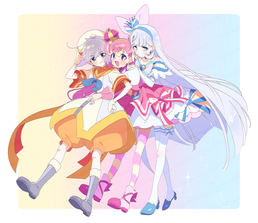 1boy 2girls animal_ears ankle_ribbon antenna_hair arms_around_waist bare_shoulders beret blonde_hair blue_background blue_bow blue_brooch blue_choker blue_crown blue_hairband blue_nails blue_neckerchief blue_shoes blue_sleeves blunt_bangs boots border bow bow_choker bow_legwear bowtie bright_pupils brooch choker closed_mouth clothing_cutout collared_dress commentary_request crown crown_earrings cure_nyammy cure_wonderful dot_nose dress dress_bow earrings eyelashes footwear_bow frilled_arm_warmers frilled_sleeves frilled_wrist_cuffs frills full_body fur-trimmed_boots fur_trim gloves gradient_background grey_boots grey_hair hair_between_eyes hair_bow hairband hand_on_headwear hand_on_own_hip hands_on_another&#039;s_shoulders happy hat hat_ornament heart heart_brooch heart_hat_ornament high_heels highres hug hug_from_behind interlocked_fingers inukai_komugi jewelry knees leaning_back leg_ribbon light_blush long_hair looking_at_viewer lop_rabbit_ears magical_boy magical_girl mini_crown multicolored_hair multiple_girls nail_polish neckerchief nekoyashiki_yuki open_mouth orange_shirt orange_shorts outside_border own_hands_together pantyhose paru_rari petticoat pink_background pink_bow pink_bowtie pink_brooch pink_crown pink_dress pink_eyes pink_hair pink_nails pink_pantyhose pink_ribbon pink_shoes pink_wrist_cuffs precure puffy_short_sleeves puffy_shorts puffy_sleeves purple_bow purple_bowtie rabbit_ears ribbon robe sailor_collar shirt shoes short_dress short_sleeves shorts shoulder_cutout signature single_stripe smile sparkle standing straight_hair streaked_hair striped_bow striped_bowtie striped_clothes striped_pantyhose striped_sleeves tareme thigh_strap thighhighs toyama_daifuku turtleneck turtleneck_shirt twitter_username two-tone_bow two-tone_pantyhose two_side_up very_long_hair wavy_mouth white_arm_warmers white_border white_bow white_dress white_gloves white_hair white_hat white_pupils white_robe white_sleeves white_thighhighs wonderful_precure! wrist_cuffs yellow_background yellow_hairband yellow_pantyhose yellow_sailor_collar