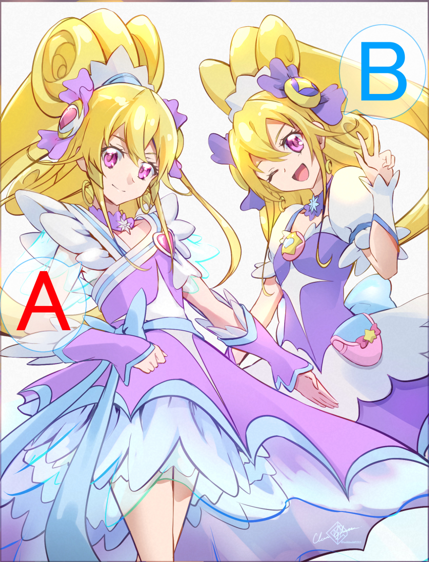 2girls ;d aida_mana alternate_costume artist_name asymmetrical_clothes blonde_hair border choker clear_glass_(mildmild1311) commentary_request cosplay crossover cure_heart cure_selene cure_selene_(cosplay) dokidoki!_precure dress dual_persona eyelashes hair_ornament happy highres in-franchise_crossover long_hair magical_girl multiple_girls one_eye_closed open_mouth pink_eyes precure puffy_short_sleeves puffy_sleeves short_sleeves signature simple_background smile speech_bubble standing star_twinkle_precure twitter_username white_background wrist_cuffs