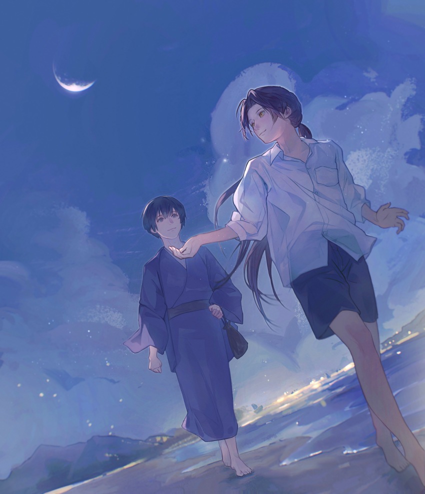 2boys absurdres axis_powers_hetalia barefoot beach black_hair black_shorts blue_kimono breast_pocket brown_eyes china_(hetalia) chinese_commentary closed_mouth cloud collared_shirt commentary_request crescent_moon floating_hair full_body highres japan_(hetalia) japanese_clothes kimono long_hair looking_at_another male_focus moon mountain multiple_boys night night_sky ocean open_collar pocket ponytail shiragon shirt short_hair shorts sky sleeves_rolled_up smile walking water white_shirt yukata