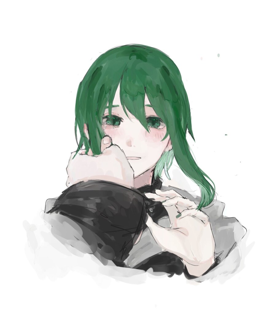 1boy 1girl black_jacket comforting crying crying_with_eyes_open evillious_nendaiki green_eyes green_hair green_nails grey_hoodie gumi hair_between_eyes hand_on_another&#039;s_cheek hand_on_another&#039;s_face highres hood hood_down hoodie jacket long_sidelocks ma_(nth6nd8yrg32528) nemesis_sudou nyoze_octo pale_skin pov pov_hands saigo_no_revolver_(vocaloid) short_hair_with_long_locks sidelocks tearing_up tears vocaloid
