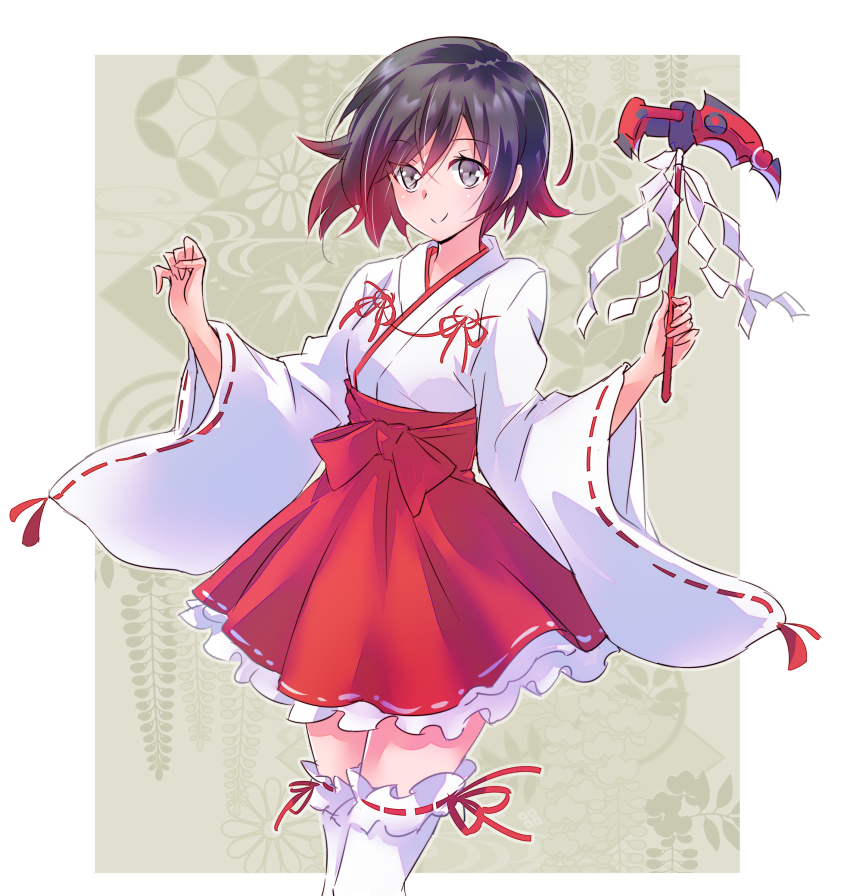 1girl absurdres adapted_object alternate_costume black_hair crescent_rose dress feet_out_of_frame female_focus frilled_dress frills gradient_hair grey_eyes highres holding holding_scythe holding_weapon iesupa japanese_clothes looking_at_viewer messy_hair miko multicolored_hair red_hair red_ribbon ribbon ruby_rose rwby scythe shinto short_hair smile solo thighhighs two-tone_hair weapon white_thighhighs