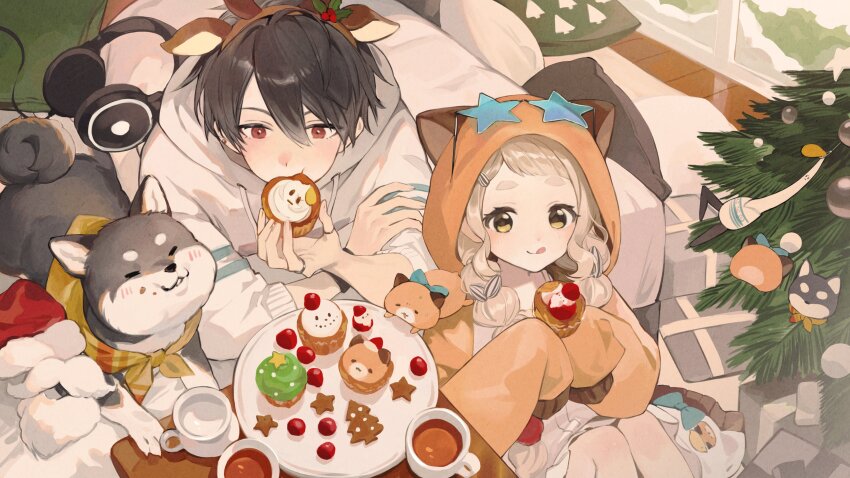 1boy 1girl :q absurdres alternate_costume animal_ear_hairband animal_ear_hood animal_ears black_dog blonde_hair blue-tinted_eyewear braid brown_hair closed_mouth commentary cup cupcake dog dot_nose drawstring eating fake_animal_ears food gingerbread_cookie gonzalez_(machita_chima) hair_between_eyes hair_over_shoulder hairband hamster highres holding holding_food hood hood_down hood_up hoodie iv_4t jacket kokumucho_(nijisanji) kuroi_shiba licking_lips light_blush long_bangs lying machita_chima machita_chima_(3rd_costume) nijisanji official_alternate_hairstyle on_stomach orange_jacket plate red_eyes three-quarter_sleeves sleeves_past_fingers sleeves_past_wrists star-shaped_eyewear star_(symbol) symbol-only_commentary thick_eyebrows tinted_eyewear tongue tongue_out twin_braids virtual_youtuber white_hoodie yellow_eyes
