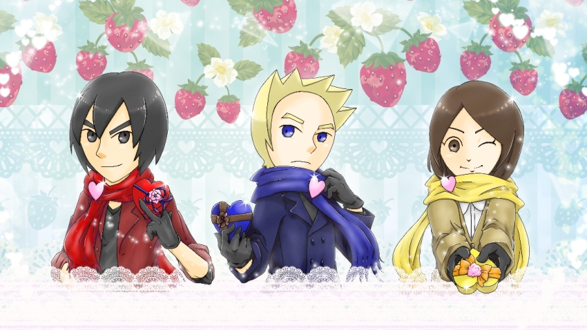 1girl 2boys black_eyes black_hair blonde_hair blue_eyes box brown_eyes brown_hair candy chocolate flower food fruit gift gloves heart heart-shaped_box mii_(nintendo) mii_brawler mii_brawler_(smash_ultimate) mii_gunner mii_gunner_(smash_ultimate) mii_swordfighter mii_swordfighter_(smash_ultimate) multiple_boys nintendo one_eye_closed scarf short_hair smile strawberry super_smash_bros. valentine white_day