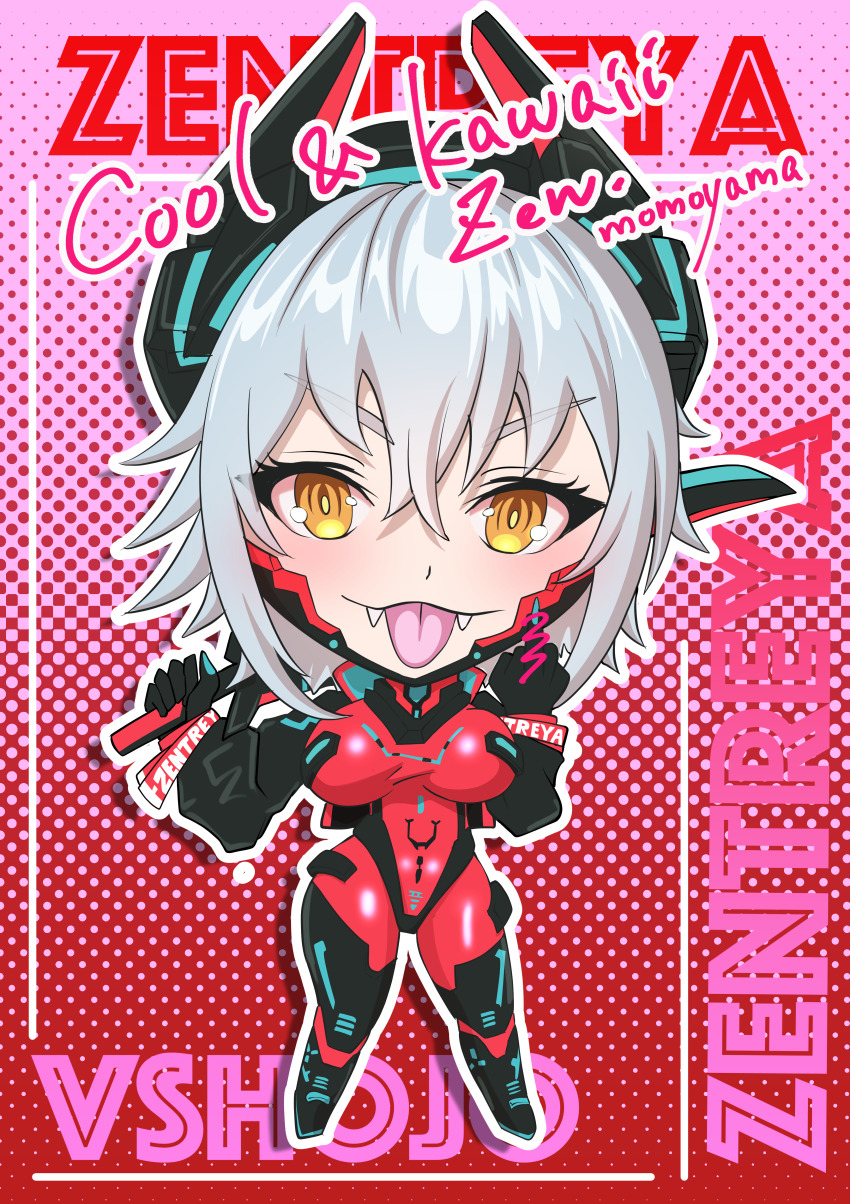 1girl absurdres black_jacket bodysuit breasts character_name chibi copyright_name cropped_jacket fangs highres jacket large_breasts looking_at_viewer momoyama_tits power_symbol-shaped_pupils red_bodysuit short_hair smile solo symbol-shaped_pupils tongue tongue_out virtual_youtuber vshojo yellow_eyes zentreya zentreya_(cyborg) zentreya_(cyborg)_(1st_costume)
