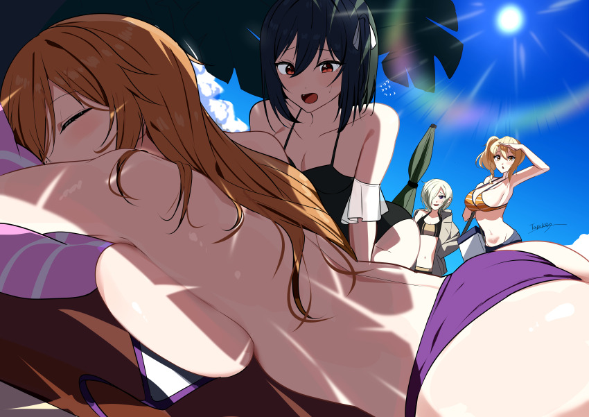 4girls absurdres ass bikini black_hair black_one-piece_swimsuit blonde_hair blue_sky blush breast_press breasts brown_eyes brown_hair cloud commentary_request hair_between_eyes highres konoe_kanata large_breasts long_hair love_live! love_live!_nijigasaki_high_school_idol_club lying mia_taylor mifune_shioriko miyashita_ai multiple_girls navel on_stomach one-piece_swimsuit open_mouth orange_bikini outdoors purple_bikini red_eyes side_ponytail sky striped_bikini striped_clothes sun swimsuit tarakon