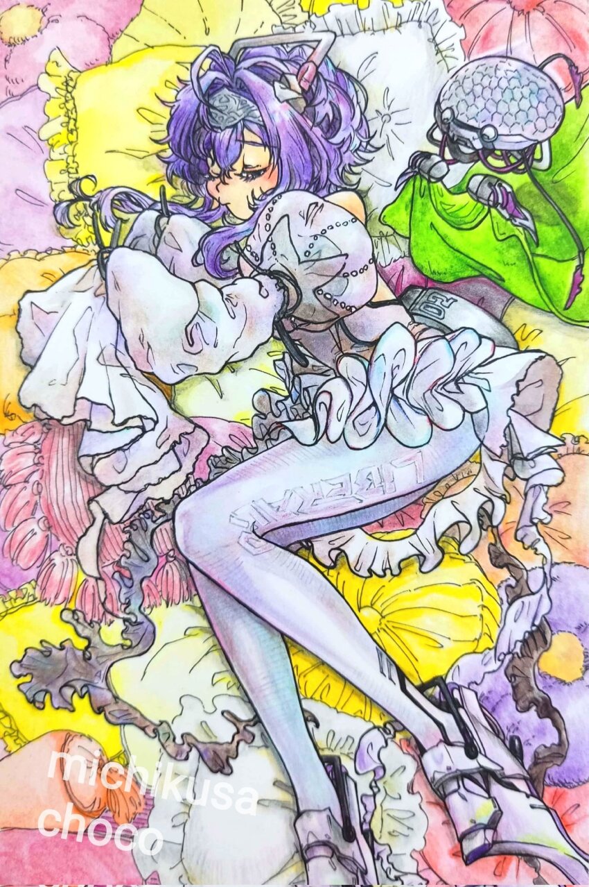 1girl artist_name colored_pencil_(medium) detached_sleeves frilled_skirt frills goddess_of_victory:_nikke headband highleg highleg_leotard highres leotard liberalio_(nikke) lying michikusa_choco on_side pantyhose pleated_skirt purple_hair red_eyes short_hair skirt sleeping solo traditional_media very_long_sleeves white_pantyhose white_skirt