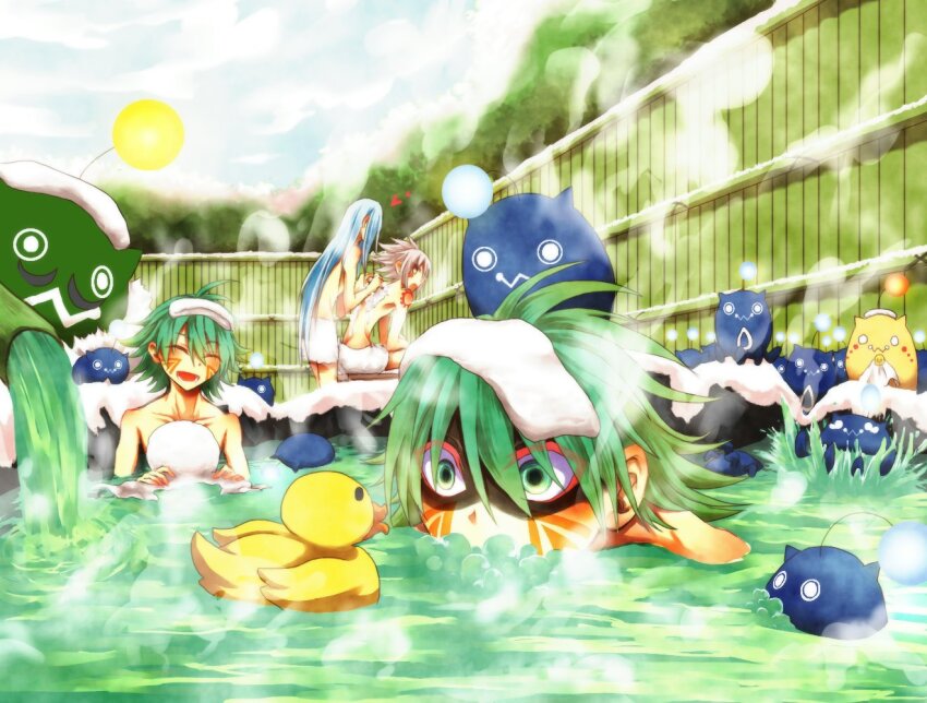 .hack// .hack//g.u. .hack//games 4boys aqua_hair azure_kite bare_shoulders blowing_bubbles blue_hair chim_chim closed_eyes commentary_request eku1547 endrance_(.hack//) eyeliner facial_mark facial_tattoo green_eyes grey_hair haseo_(.hack//) heart kite_(.hack//) light_blue_hair makeup male_focus multiple_boys naked_towel nude onsen partially_submerged red_eyeliner rubber_duck shaded_face shoulder_tattoo splashing steam tattoo towel towel_on_head triangle triangle_facial_mark washing_another washing_back