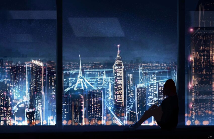 1girl black_shirt black_shorts building city_lights cloud facing_away from_side hand_on_own_leg highres huashijw indoors knees_up legs_together medium_hair night night_sky original red_hair reflection shirt shoes short_sleeves shorts signature sitting sky skyline skyscraper solo window