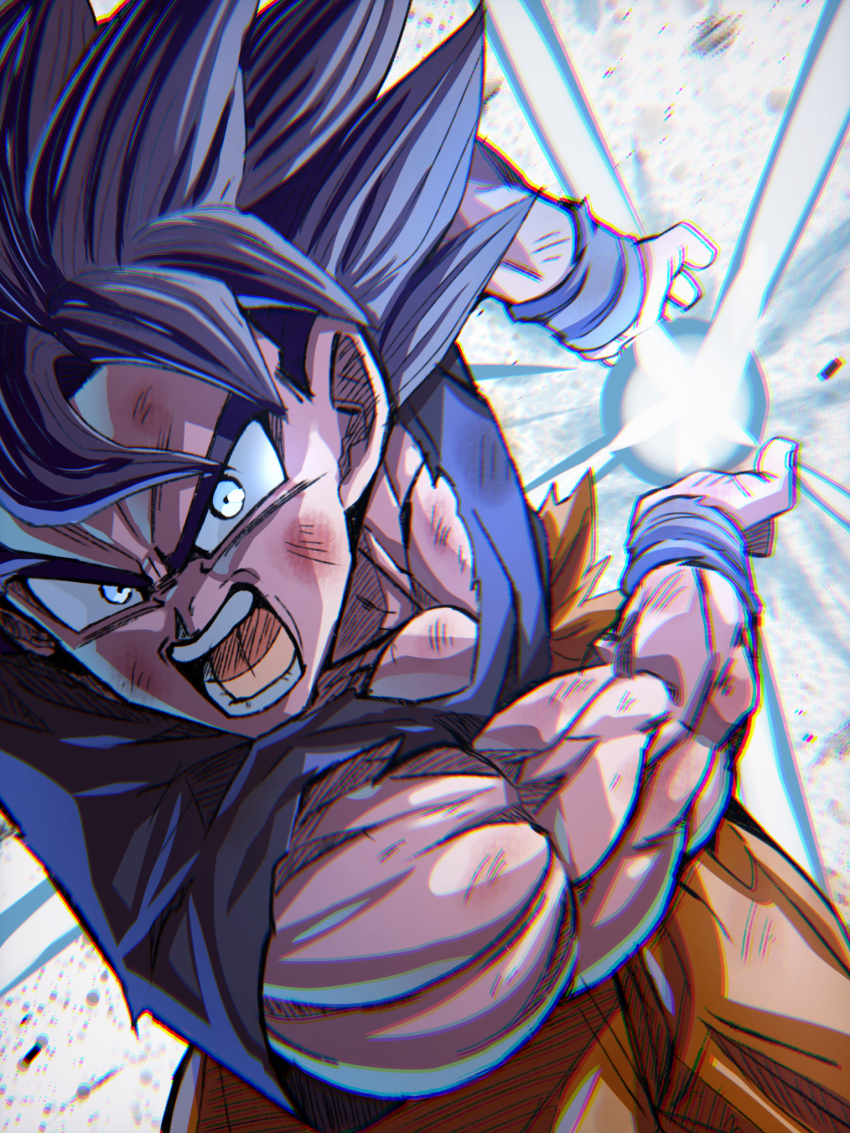 1boy battle black_hair blue_shirt bruise chiro_illust commentary_request curtained_hair derivative_work dragon_ball energy_orb grey_eyes highres injury kamehameha_(dragon_ball) looking_at_viewer male_focus medium_hair muscular muscular_male open_mouth orange_pants pants pectorals screenshot_redraw shirt solo son_goku spiked_hair teeth tongue torn_clothes torn_pants torn_shirt ultra_instinct v-shaped_eyebrows white_background