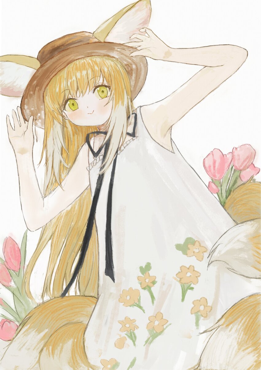 1girl absurdres alternate_costume animal_ears arknights blonde_hair dress flower fox_ears fox_girl fox_tail green_eyes gumiaoandpeace hat highres long_hair multiple_tails neck_ribbon ribbon sleeveless sleeveless_dress smile solo suzuran_(arknights) tail white_background white_dress