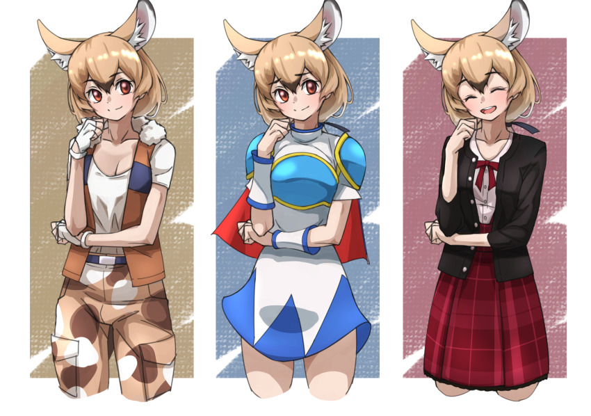 1girl animal_ears arle_nadja arle_nadja_(cosplay) armor belt black_jacket blue_shirt blue_skirt blush bow bowtie brown_hair brown_pants brown_vest camouflage camouflage_pants cape collarbone cosplay cowboy_shot extra_ears fur_collar gambian_rat_(kemono_friends) highres jacket kemono_friends kemono_friends_3 light_brown_hair mouse_ears mouse_girl mouse_tail multicolored_hair multiple_views official_alternate_costume open_clothes open_jacket pants pauldrons plaid_clothes plaid_skirt pleated_skirt puyopuyo red_bow red_bowtie red_cape red_eyes red_skirt school_uniform shirt short_hair short_sleeves shoulder_armor skirt t-shirt tail tanabe_(fueisei) vest white_fur white_hair white_shirt