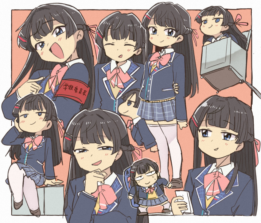 1girl black_hair bow bowtie half-closed_eyes long_hair multiple_views nijisanji plaid_clothes plaid_skirt school_uniform skirt smug standing thighhighs top-load_washing_machine tsubobot tsukino_mito tsukino_mito_(1st_costume) virtual_youtuber washing_machine white_thighhighs