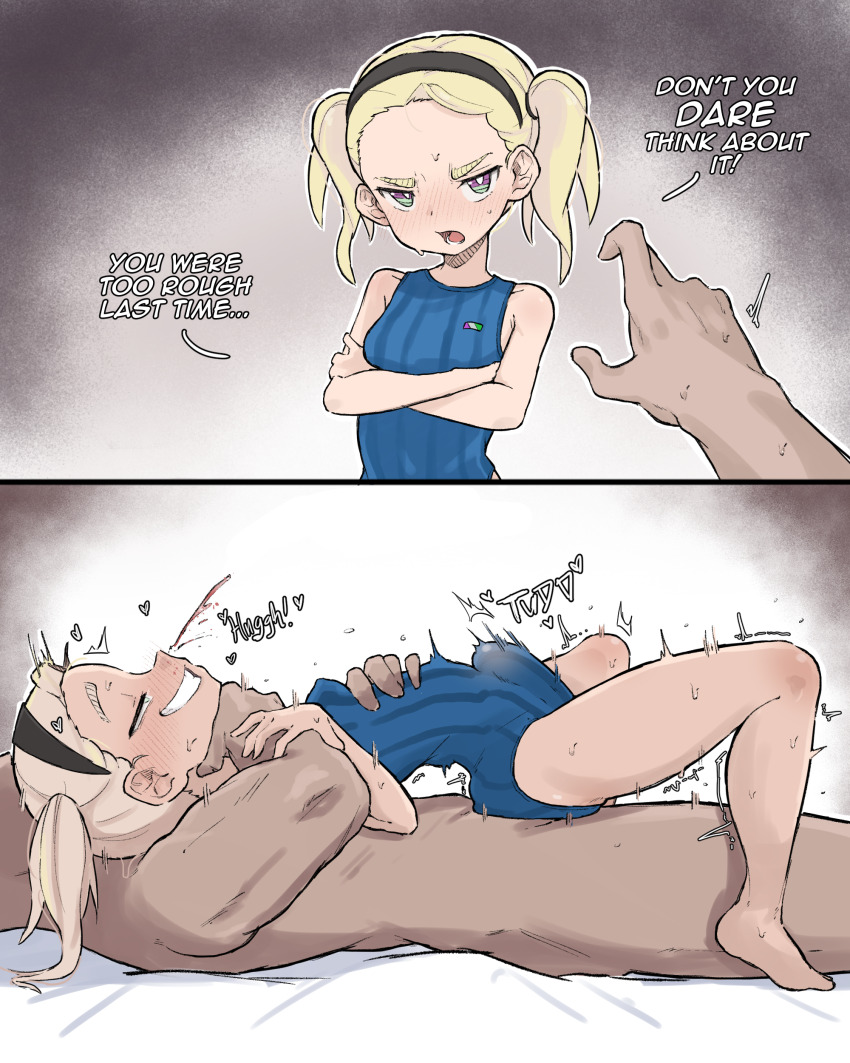 1boy 1girl 2koma absurdres bed blonde_hair blood blush borrowed_character breasts comic commentary competition_swimsuit english_commentary english_text faceless faceless_male forehead full-face_blush grin hairband harsha_(eisu) hetero highres instant_loss loli masochism medium_hair nosebleed on_bed one-piece_swimsuit original pov rough_sex sex simple_background small_breasts smile stomach_bulge strangling swimsuit thick_eyebrows twintails white_background zlix0n