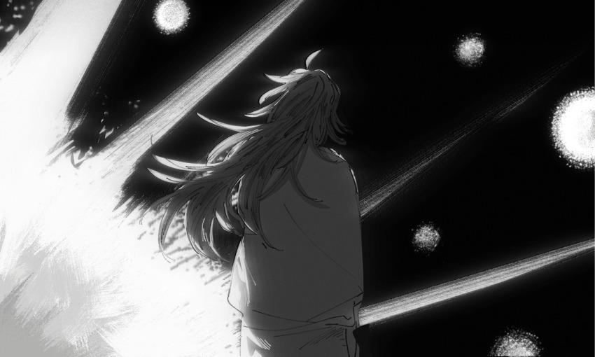 1boy absurdres ahoge chinese_commentary commentary_request floating_hair from_behind greyscale hatsutori_hajime highres lifop long_hair male_focus monochrome saibou_shinkyoku solo tagme upper_body