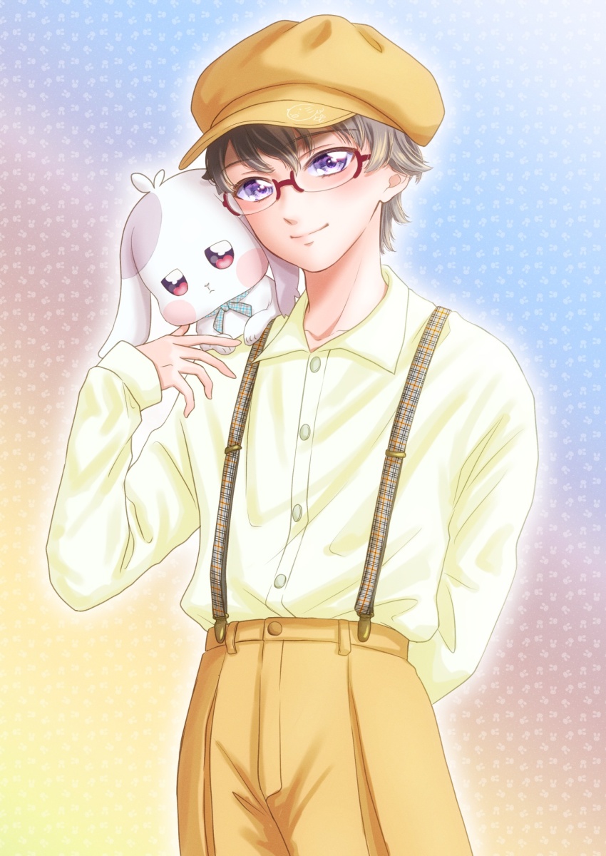 2boys :&lt; animal animal_ears animal_on_shoulder arm_behind_back beret brown_hair brown_hat brown_pants buttons closed_mouth daifuku_(precure) glasses glowing grey_fur hand_up hat highres inosisinoko24 lop_rabbit_ears male_focus multicolored_background multiple_boys pants patterned_background pet precure purple_eyes rabbit rabbit_ears rabbit_symbol red-framed_eyewear ribbon shirt smile spotted_fur spread_fingers standing striped_ribbon suspenders toyama_satoru white_fur wonderful_precure! yellow_shirt