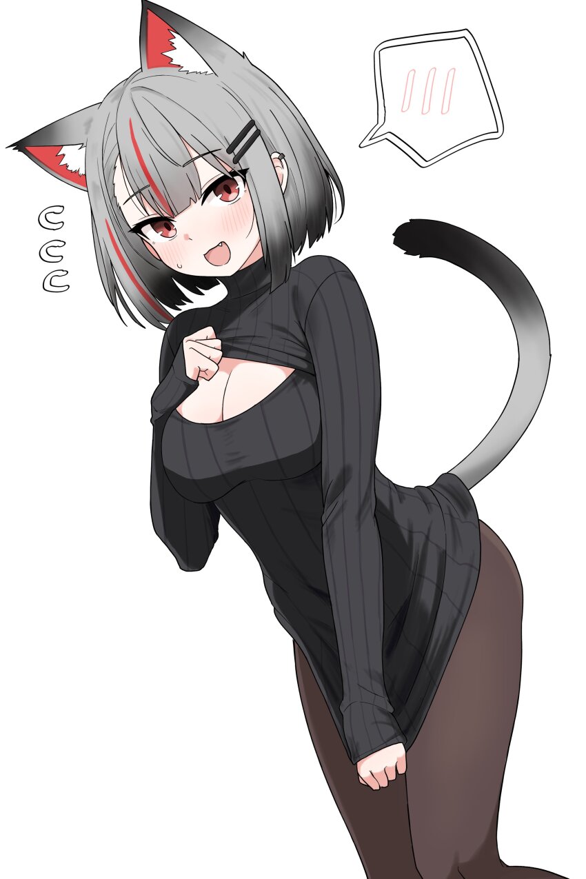 1girl absurdres alternate_costume animal_ears black_sweater breasts brown_pantyhose cat_ears cat_girl cat_tail cleavage cleavage_cutout clothes_pull clothing_cutout dress extra_ears fang gradient_hair grey_hair hair_ornament hairclip highres looking_at_viewer medium_breasts multicolored_hair neneko_mashiro open_mouth pantyhose pulling_own_clothes red_eyes ribbed_sweater saho_4545 short_hair simple_background smile solo spoken_blush stellive sweater sweater_dress sweater_pull tail virtual_youtuber white_background
