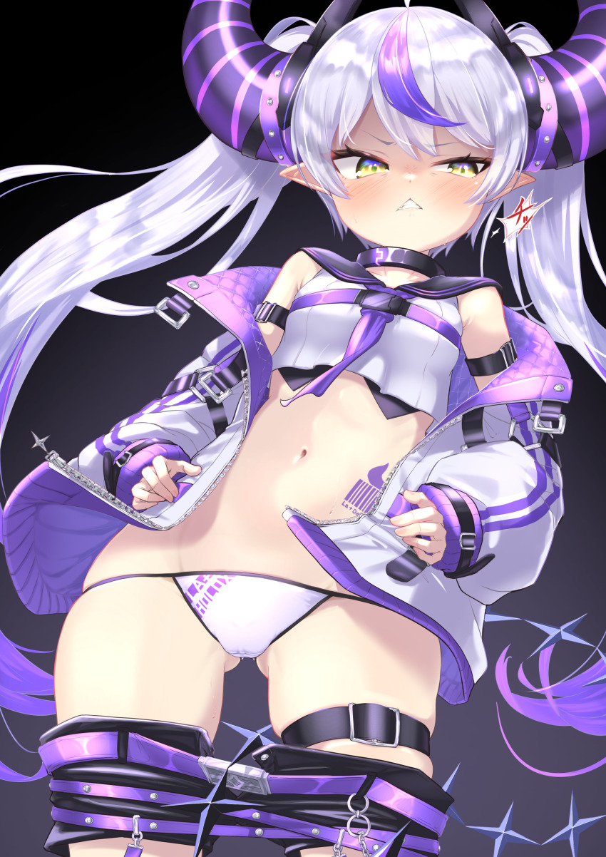 1girl absurdres arm_strap barcode barcode_tattoo black_sailor_collar black_shorts blush breasts clenched_teeth clothes_pull collar commentary_request crop_top cropped_shirt demon_girl demon_horns ear_blush gluteal_fold grey_hair highres hololive horns jacket la+_darknesss la+_darknesss_(4th_costume) long_hair long_sleeves looking_at_viewer metal_collar multicolored_hair navel off_shoulder official_alternate_costume open_clothes open_jacket panties pointy_ears puffy_long_sleeves puffy_sleeves purple_hair sailor_collar shirt shorts shorts_pull simple_background skindentation sleeveless sleeveless_shirt small_breasts solo stomach streaked_hair striped_horns sweat syam_illust tail tattoo teeth thigh_strap triangle_mouth twintails underwear very_long_hair virtual_youtuber white_jacket white_panties white_shirt yellow_eyes