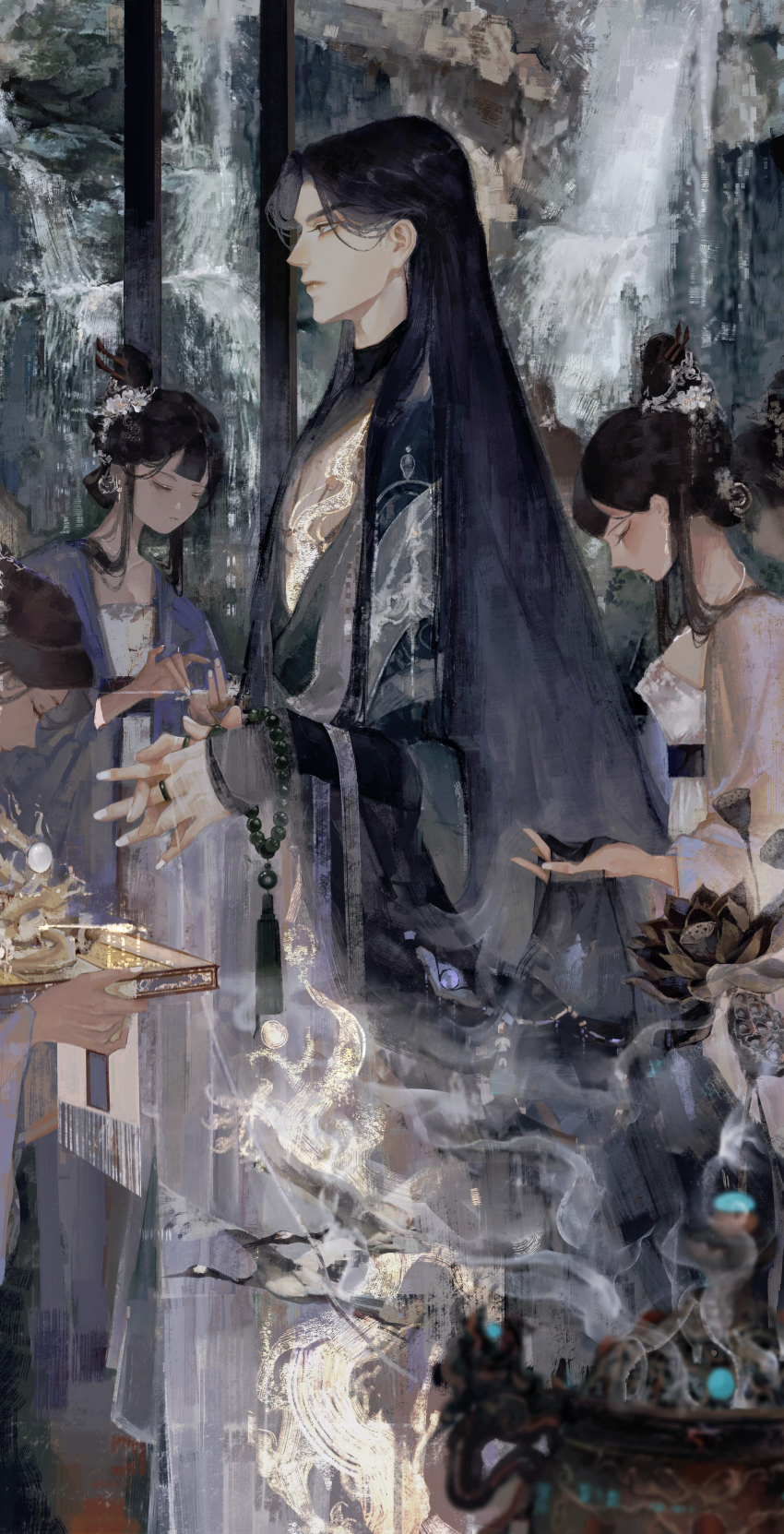 1boy 6+girls absurdres bead_bracelet beads bird black_hair blurry bracelet censer chang_geng chinese_clothes closed_eyes crane_(animal) depth_of_field dressing_another earrings facing_down flower gem hair_behind_ear hair_bun hair_flower hair_ornament hair_stick hanfu highres holding holding_tray jewelry long_hair long_sleeves looking_away lotus multiple_girls nail_polish out_of_frame own_hands_together painting_(object) pinky_out prayer_beads profile ring robe sha_po_lang sidelocks single_hair_bun smoke standing straight_hair tassel tray updo very_long_hair white_flower white_nails yanque57717