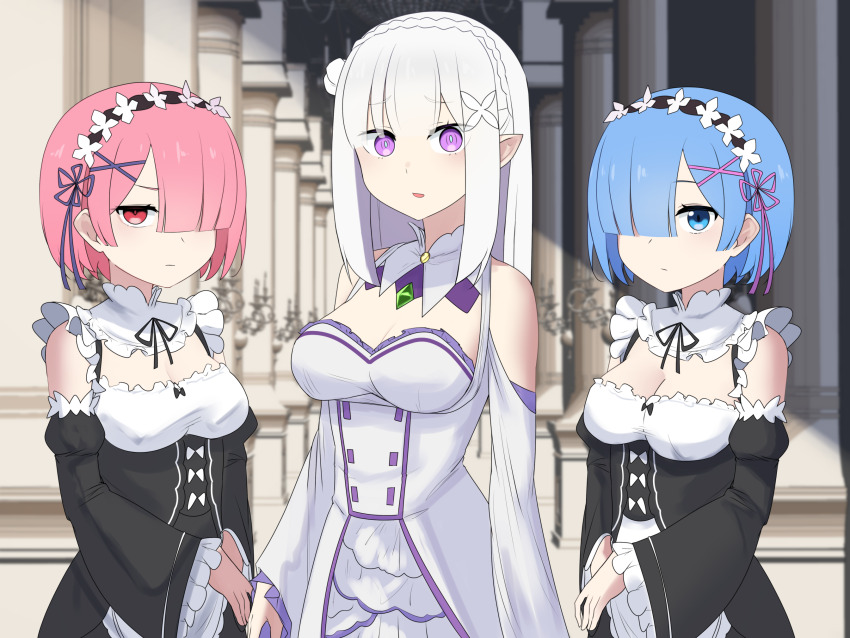 3girls akaoni_(zumt3548) bare_shoulders blue_eyes blue_hair blurry braid breasts cleavage commentary_request commission crown_braid depth_of_field detached_sleeves elf emilia_(re:zero) flower hair_flower hair_ornament hair_over_one_eye hair_ribbon highres long_hair looking_at_viewer maid maid_headdress medium_breasts multiple_girls pillar pink_hair pink_ribbon pixiv_commission pointy_ears purple_eyes purple_ribbon ram_(re:zero) re:zero_kara_hajimeru_isekai_seikatsu red_eyes rem_(re:zero) ribbon roswaal_mansion_maid_uniform short_hair siblings sisters twins white_flower white_hair x_hair_ornament