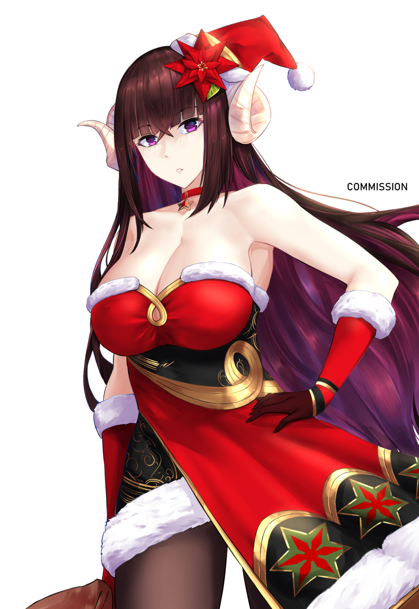 1girl azur_lane breasts choker christmas_dress cleavage commission curled_horns dress flower fur-trimmed_dress fur-trimmed_gloves fur_trim gloves hair_between_eyes hand_on_own_hip hat highres horns irkawaza large_breasts long_hair looking_at_viewer official_alternate_costume pantyhose purple_eyes purple_hair red_choker red_flower red_gloves santa_hat side_slit simple_background sleeveless sleeveless_dress solo standing strapless strapless_dress suruga_(azur_lane) suruga_(uneventful_holiday_greetings)_(azur_lane) very_long_hair white_background