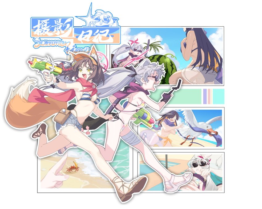 1other 3girls animal_ear_fluff animal_ears asymmetrical_bangs bandaged_leg bandages beach bikini bikini_bottom_only bird blonde_hair blue_archive blue_sky blunt_bangs blush breasts brown_hair cheek_press clothes_theft cloud colored_inner_hair covering_breasts covering_privates day denim denim_shorts fang food fox_ears fox_girl fox_tail fruit hair_ornament hair_over_one_eye halo hands_on_another&#039;s_cheeks hands_on_another&#039;s_face hat highres izuna_(blue_archive) long_hair michiru_(blue_archive) multicolored_hair multiple_girls open_mouth outdoors palm_tree purple_eyes purple_scarf raccoon_ears raccoon_girl saliva sand sandals scarf seagull selfie_stick short_hair shorts sky sleeping smile string_bikini striped suikawari sunglasses swimsuit swimsuit_theft tail theft tree tsukuyo_(blue_archive) unworn_bikini_top visor_cap watermelon yellow_eyes zu-m_(zumcunix)