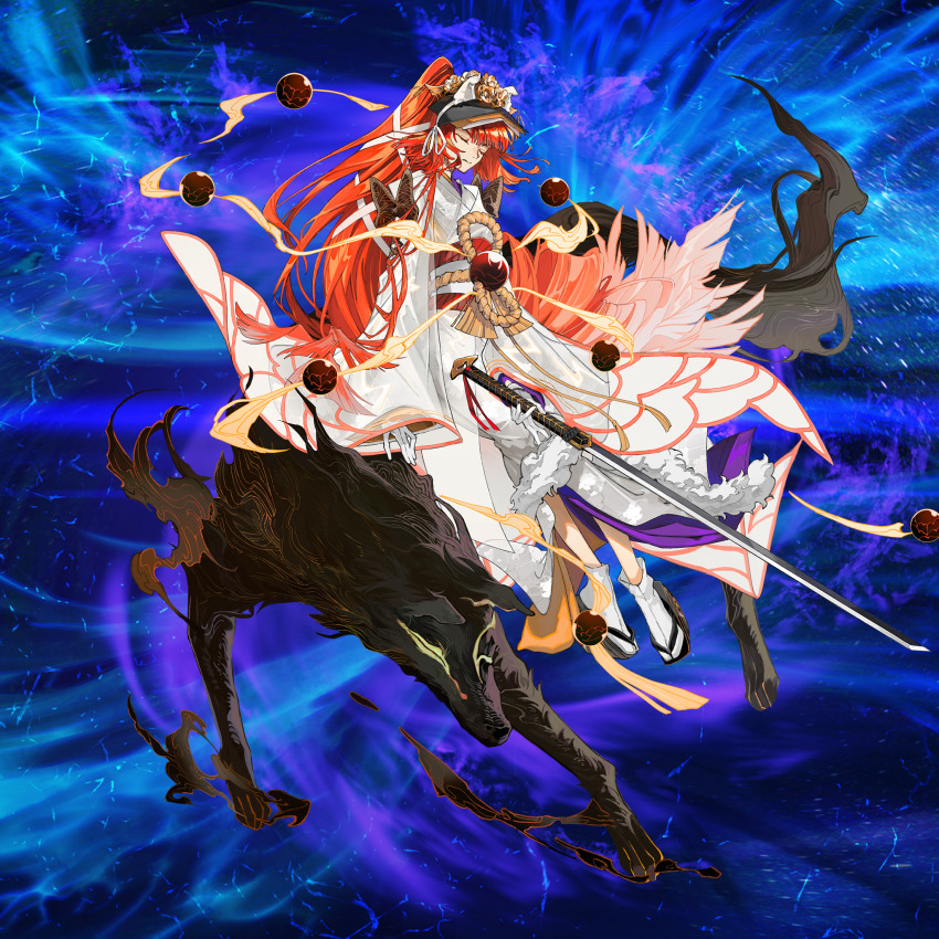 1girl animal black_fur blue_background body_markings bow closed_eyes dog endo_(takolegs) fate/grand_order fate_(series) floating flower full_body furisode_sleeves game_cg gloves hair_ornament highres holding holding_sword holding_weapon japanese_clothes katana kimono kyokutei_bakin_(fate) kyokutei_bakin_(third_ascension)_(fate) long_hair long_sleeves midair multicolored_hair obi official_art okobo orange_hair orb platform_sandals ponytail red_eyes red_hair rope rope_belt rose sandals sash socks sword tabi tachi-e third-party_source very_long_hair weapon white_gloves white_kimono white_socks wide_sleeves yatsufusa_(fate)