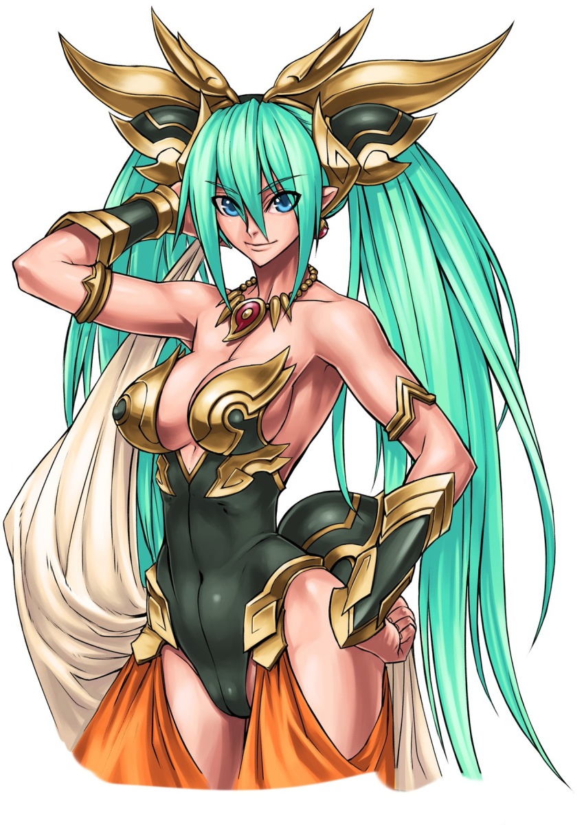 1girl aqua_hair armlet artist_request bare_shoulders benten_(cho_aniki) blue_eyes bracer breasts cho_aniki cho_aniki_zero covered_navel cropped_legs earrings female_focus green_hair hand_in_own_hair hand_on_own_hip harem_pants headgear highres jewelry large_breasts leotard lips long_hair magatama necklace nose official_art pants pearl_necklace pointy_ears smile solo twintails