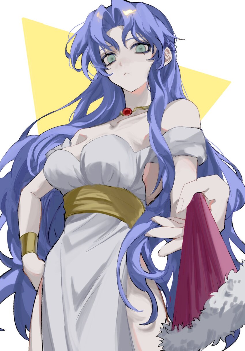 1girl bare_shoulders blue_eyes blue_hair bracelet breasts cleavage closed_mouth dress earrings folding_fan genderswap green_eyes h_oa_9_9 hand_fan hand_on_own_hip highres holding holding_fan jewelry long_hair looking_at_viewer medium_breasts necklace puyopuyo rulue_(puyopuyo) simple_background solo very_long_hair wavy_hair white_dress