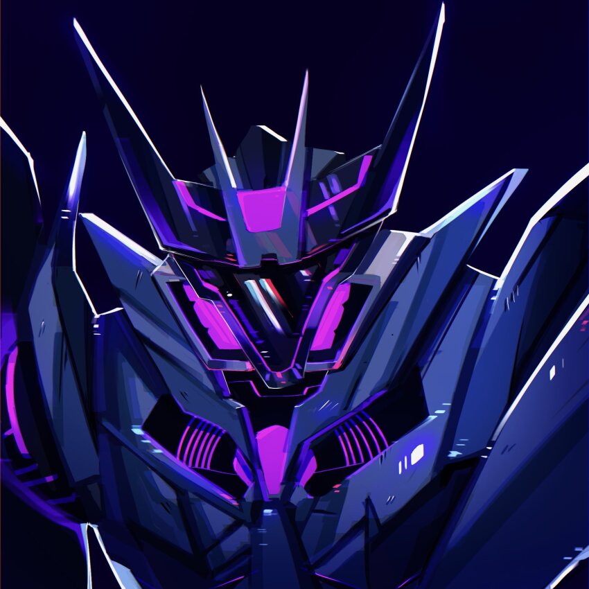 alphaiswaifu assault_visor highres humanoid_robot mecha mecha_focus no_humans purple_background robot science_fiction soundwave_(transformers) transformers transformers_prime upper_body v-fin