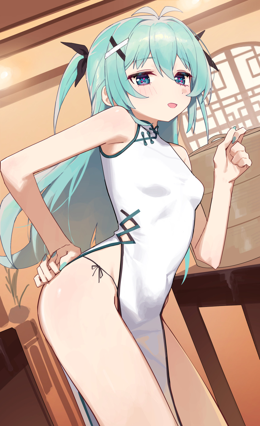 1girl absurdres antenna_hair bare_arms bare_shoulders black_ribbon blue_eyes blue_hair blue_nails blush china_dress chinese_clothes commentary dress hair_intakes hair_ornament hair_ribbon hairclip hand_on_own_hip highres long_hair looking_at_viewer nail_polish open_mouth original ribbon sleeveless sleeveless_dress solo syhan symbol-shaped_pupils two_side_up very_long_hair white_dress x-shaped_pupils x_hair_ornament