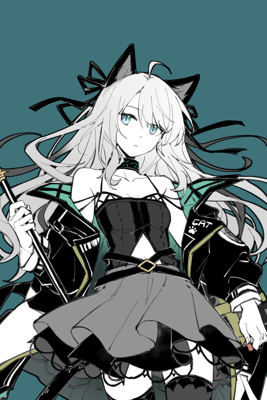 1girl ahoge animal_ears aqua_background aqua_eyes arknights bare_shoulders breasts camisole chinese_commentary closed_mouth collarbone commentary_request cowboy_shot expressionless hair_ribbon highres holding infection_monitor_(arknights) long_hair long_sleeves looking_at_viewer medium_breasts mint_(arknights) navel off_shoulder partial_commentary partially_colored piaoliu_ping_ping_ping_pingzi ribbon simple_background skirt solo spaghetti_strap standing thighhighs