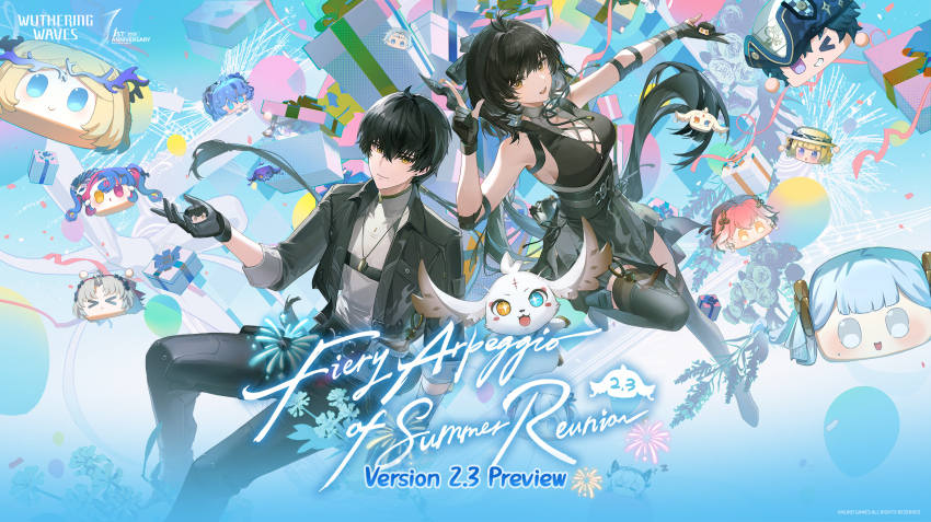 1boy 1girl abby_(wuthering_waves) bare_shoulders black_boots black_bow black_dress black_gloves black_hair black_jacket black_pants black_thighhighs boots bow brant_(wuthering_waves) calcharo_(wuthering_waves) cantarella_(wuthering_waves) carlotta_(wuthering_waves) cartethyia_(wuthering_waves) changli_(wuthering_waves) closed_mouth collared_jacket commentary cross-laced_clothes cross-laced_dress dress dual_persona elbow_pads english_commentary english_text female_rover_(wuthering_waves) gloves grey_shirt hair_bow hand_up highres index_finger_raised jacket jewelry jinhsi_(wuthering_waves) logo male_rover_(wuthering_waves) necklace objectification official_art pants phoebe_(wuthering_waves) roccia_(wuthering_waves) rover_(wuthering_waves) shirt shorekeeper_(wuthering_waves) sleeveless sleeveless_dress smile thighhighs thighhighs_under_boots thighs wuthering_waves yellow_eyes zani_(wuthering_waves)