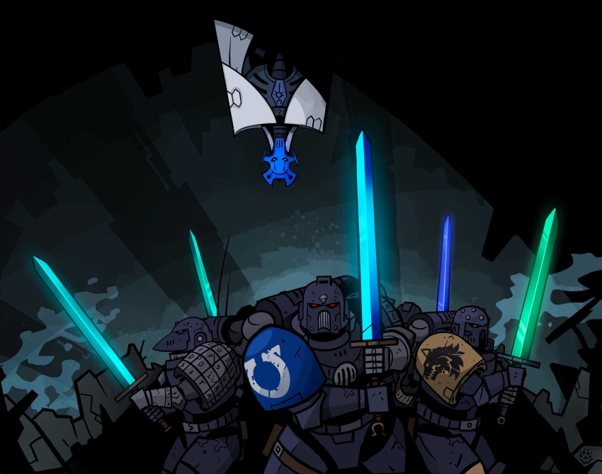 6+boys absurdres adeptus_astartes armor crossover general_grievous highres holding holding_sword holding_weapon multiple_boys necron parody pauldrons power_armor power_sword raven_guard scene_reference shoulder_armor space_wolves star_wars star_wars:_clone_wars style_parody sword ultramarines upside-down warhammer_40k weapon wolfdawg_art