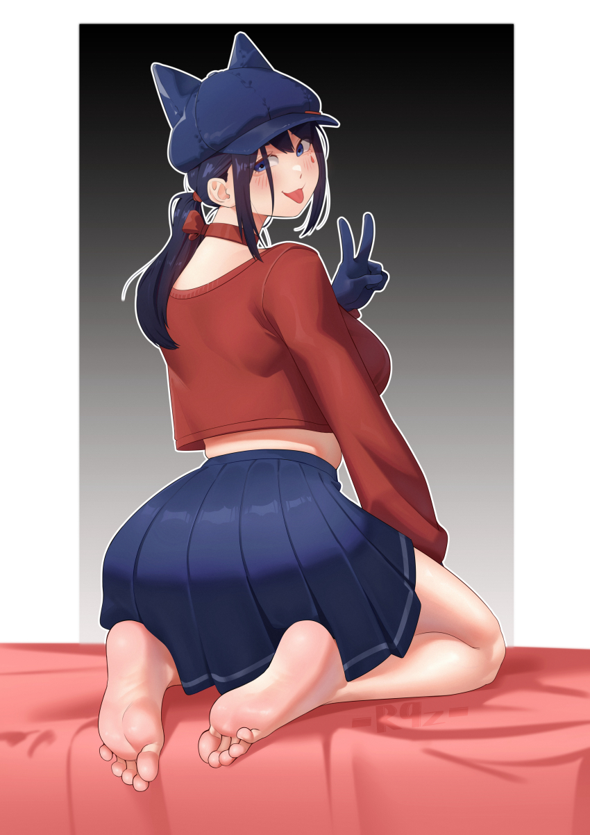 1girl :p absurdres barefoot black_hair blue_eyes blush cool_mita_(miside) feet hat highres long_hair looking_at_viewer looking_back miside mita_(miside) ponytail r9z soles toes tongue tongue_out v