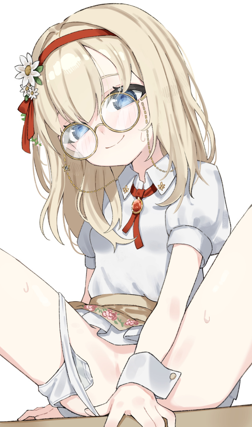 1girl absurdres blonde_hair blue_eyes blush brown_skirt collared_shirt convenient_censoring flower hair_flower hair_ornament hairband hanakonenne highres loli long_hair looking_at_viewer original panties panties_around_leg red_hairband round_eyewear shirt simple_background sitting skirt smile solo spread_legs underwear white_background white_panties white_shirt wrist_cuffs