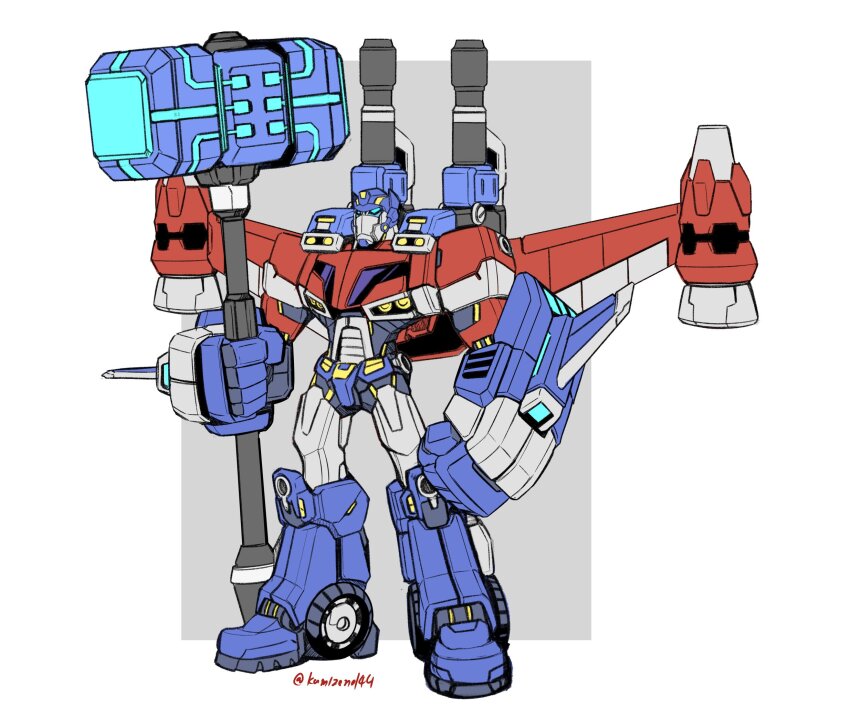 autobot blue_eyes border clenched_hand full_body grey_background hammer highres holding holding_hammer kamizono_(spookyhouse) mecha mechanical_wings no_humans optimus_prime optimus_prime_(animated) outside_border robot science shoulder_cannon simple_background solo transformers transformers_animated twitter_username white_border wings