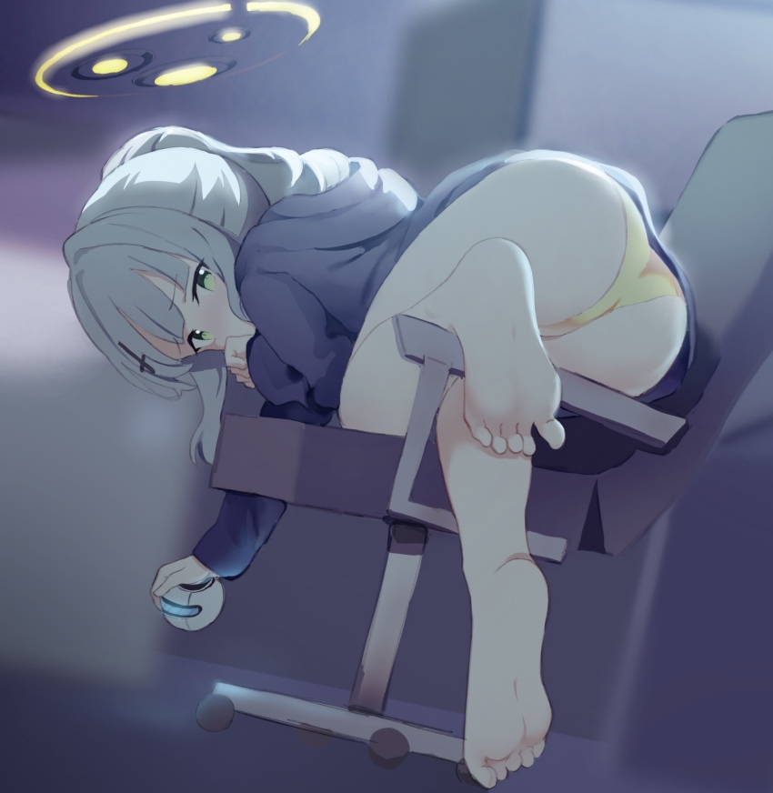 1girl ass bare_legs barefoot blue_archive chair commentary_request cross_hair_ornament drone feet from_behind green_eyes grey_hair hair_ornament halo hare_(blue_archive) highres hood hoodie legs loli medium_hair meng_yin no_pants office_chair panties pantyshot ponytail soles solo spread_toes swivel_chair thighs toes underwear yellow_panties