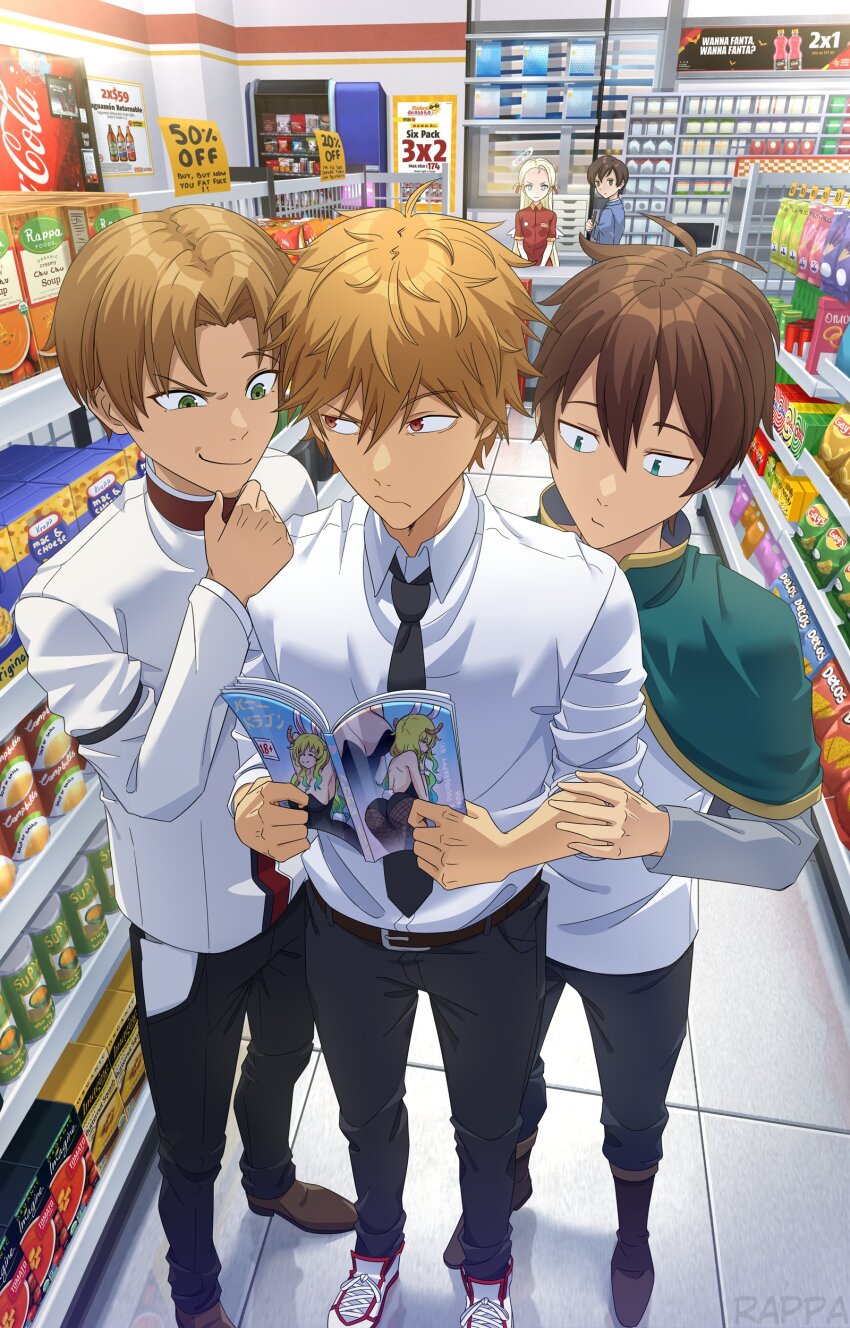 2girls 3boys :/ absurdres black_necktie blonde_hair blue_archive blue_eyes blush book brand_name_imitation breasts brown_eyes brown_hair capelet chainsaw_man coca-cola commentary convenience_store crossover denji_(chainsaw_man) doritos employee_uniform english_commentary english_text forehead fujioka_haruhi green_capelet green_eyes halo hand_on_own_chin highres holding holding_book kobayashi-san_chi_no_maidragon kono_subarashii_sekai_ni_shukufuku_wo! kraft lay&#039;s_(potato_chips) long_hair lucoa_(maidragon) multiple_boys multiple_crossover multiple_girls mushoku_tensei necktie ouran_high_school_host_club ouran_high_school_uniform raised_eyebrow ranoa_magic_academy_school_uniform rappa_(sirrappa) red_eyes reverse_trap rudeus_greyrat satou_kazuma school_uniform shoes shop short_hair signature small_breasts smile sneakers sora_(blue_archive) unamused very_long_hair wavy_mouth white_hair wings