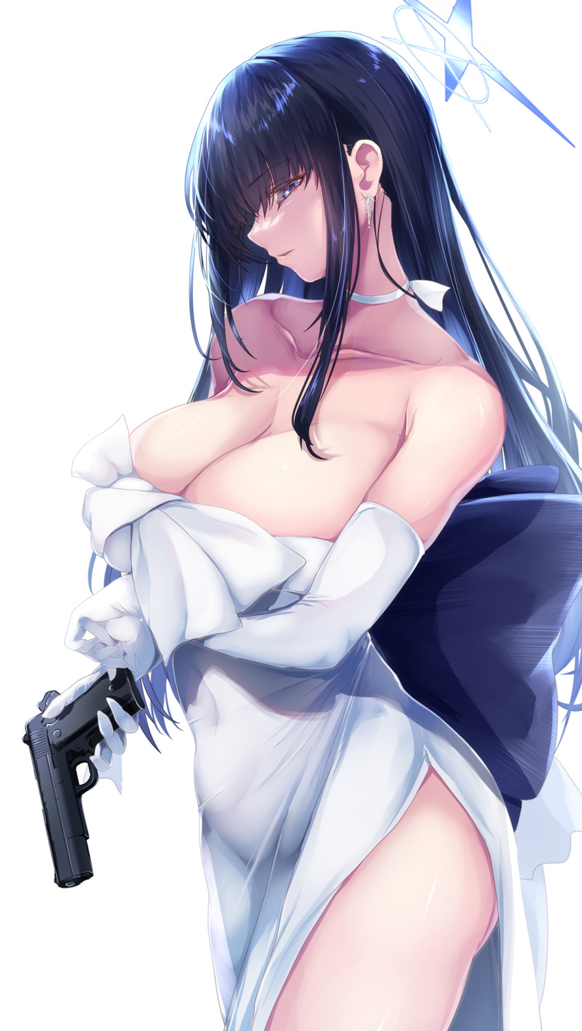 1girl bare_shoulders black_hair blue_archive blue_eyes blue_hair blue_halo bow breasts choker cleavage collarbone colored_inner_hair covered_navel dress dress_bow earrings elbow_gloves floating_earring gloves gun halo highres holding holding_gun holding_weapon huge_bow jewelry large_breasts long_hair looking_at_viewer multicolored_hair official_alternate_costume profile saboten_teishoku saori_(blue_archive) saori_(dress)_(blue_archive) sig_516 simple_background solo strapless strapless_dress weapon white_background white_choker white_dress white_gloves