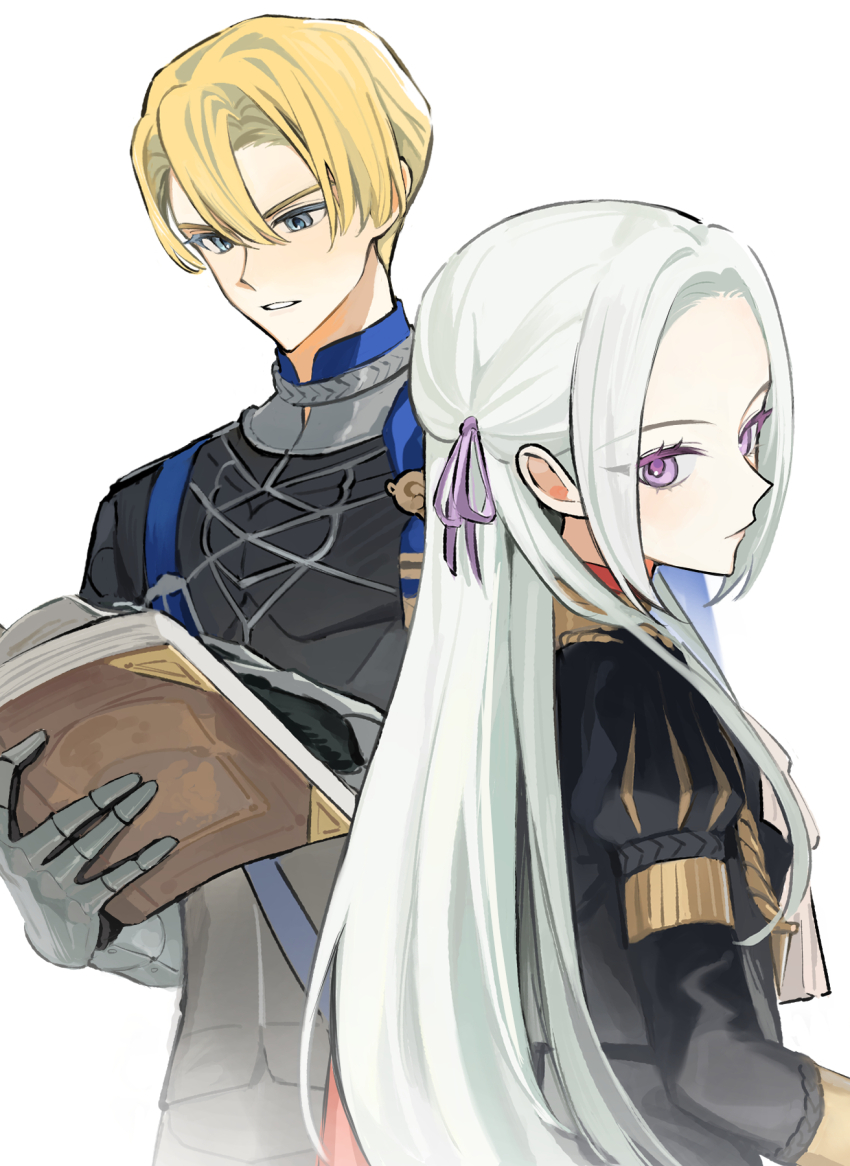 1boy 1girl armored_gloves blonde_hair blue_eyes book closed_mouth commentary_request couple dimitri_alexandre_blaiddyd edelgard_von_hresvelg fire_emblem fire_emblem:_three_houses from_side garreg_mach_monastery_uniform hair_between_eyes hair_ribbon head_tilt highres holding holding_book ikaikakka juliet_sleeves long_hair long_sleeves looking_at_object looking_at_viewer looking_down looking_to_the_side military_uniform nintendo open_book parted_bangs parted_lips puffy_sleeves purple_eyes purple_ribbon ribbon short_hair standing white_background white_hair