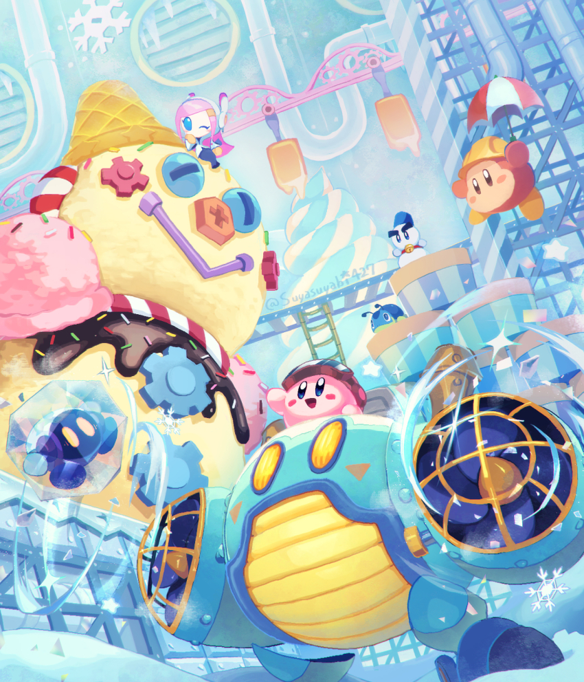 1girl chilly_(kirby) colored_skin electric_fan factory food gears haltworker hard_hat helmet highres holding holding_umbrella ice_cream kirby kirby:_planet_robobot kirby_(series) ladder nintendo one_eye_closed pink_hair pink_skin popsicle rayman_limbs robobot_armor smile snowflakes snowman solid_oval_eyes sprinkles susie_(kirby) suyasuyabi umbrella waddle_dee walf