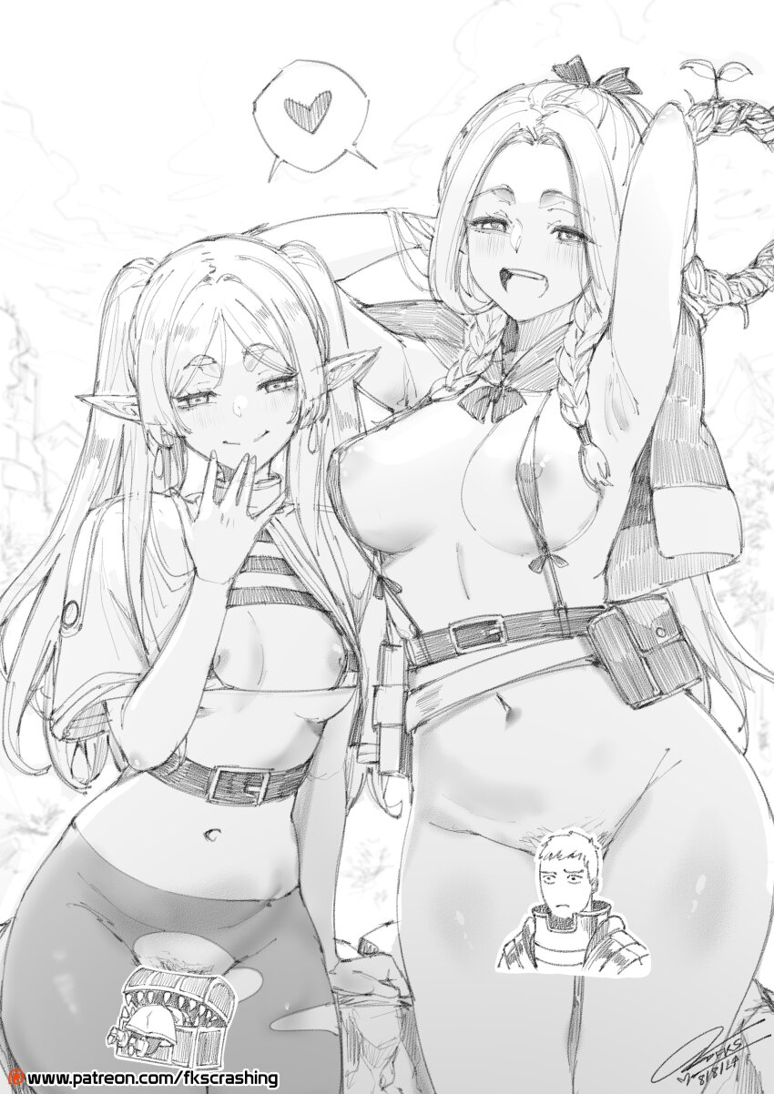 2girls absurdres ambrosia_(dungeon_meshi) armpits arms_behind_head arms_up belt belt_buckle belt_pouch blush bottomless braided_sidelock breasts buckle capelet censored character_censor commentary cowboy_shot crossover crotch_cutout dated dungeon_meshi elf female_pubic_hair fkscrashing frieren greyscale groin hand_in_own_hair heart height_difference highres holding holding_behind_back holding_staff laios_touden long_hair marcille_donato medium_breasts mimic mimic_chest monochrome multiple_girls navel nipples no_panties novelty_censor paid_reward_available pantyhose patreon_logo patreon_username petite pointy_ears pouch pubic_hair shared_speech_bubble signature small_breasts sousou_no_frieren species_connection speech_bubble spoken_heart staff thick_eyebrows torn_clothes torn_pantyhose treasure_chest twintails watermark web_address