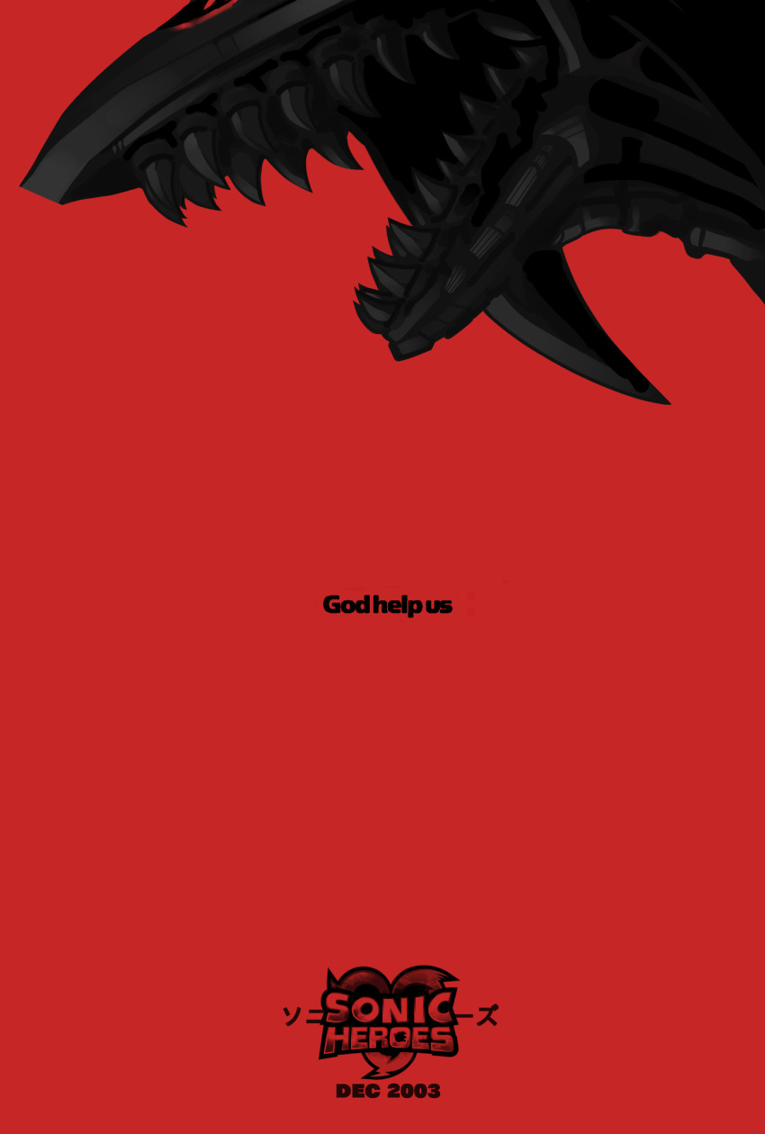 copyright_name derivative_work glowing glowing_eye godzilla_(series) highres metal_overlord metal_sonic mouth_focus movie_poster open_mouth red_background red_theme sharp_teeth shin_godzilla simple_background solo sonic_(series) sonic_heroes spacedawgspace teeth