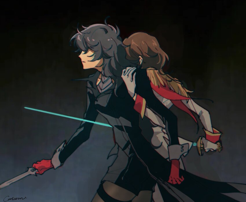 2girls akechi_gorou amamiya_ren backstab black_coat black_hair black_shorts black_vest blood catrom_nya coat covered_eyes facing_to_the_side genderswap genderswap_(mtf) gloves highres holding holding_sword holding_weapon long_hair multiple_girls pants parted_lips persona persona_5 shirt shorts stab sword vest weapon white_gloves white_pants white_shirt