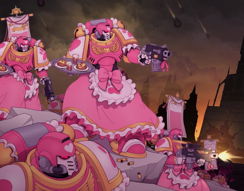 adeptus_astartes alternate_costume ammunition animal_print apron architecture armor armored_dress banner battle battle_standard bolter bow cat_print cathedral chumiicham church city cityscape cloud cloudy_sky commentary concrete cup dress drop_pod english_commentary enmaided explosion eyelashes food frilled_apron frilled_dress frilled_sleeves frills glass glowing glowing_eyes gold_trim gothic_architecture gun handgun heart heart_print highres holding holding_gun holding_tray holding_weapon holster maid maid_apron multicolored_armor omelet omurice outdoors outline paw_print pink_armor pink_bow pink_dress pink_eyes pink_ribbon power_armor ribbon rubble science_fiction shell_casing sky smoke space_maids_(chumiicham) tray tube urban waist_apron war_banner warhammer_40k weapon white_apron white_armor white_outline